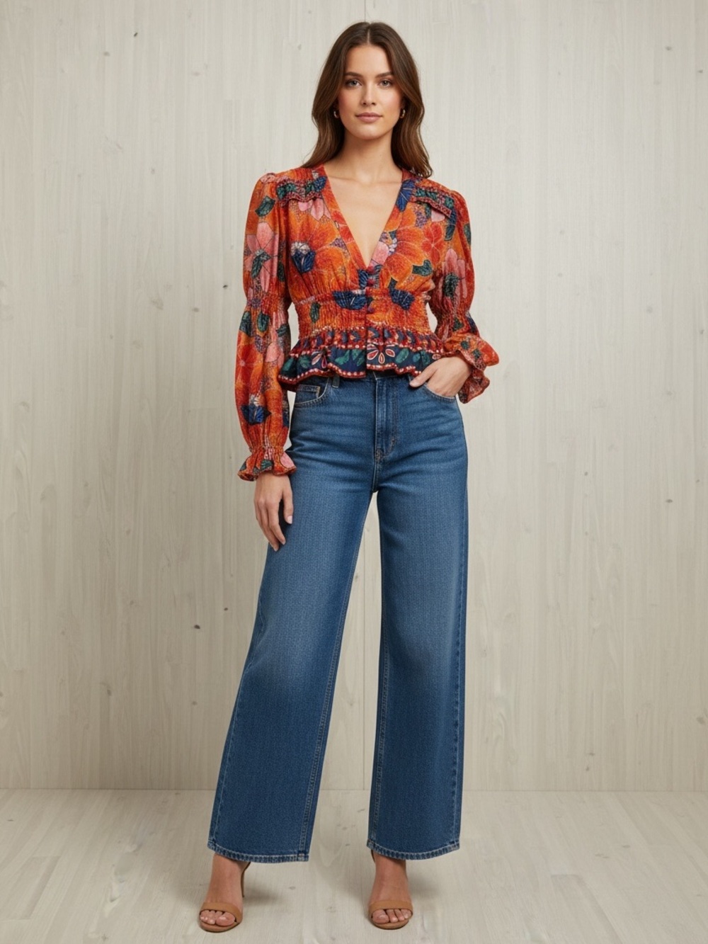 NWT Farm Rio Tropical Floral Sheer Ruffle Peplum Blouse Size Small